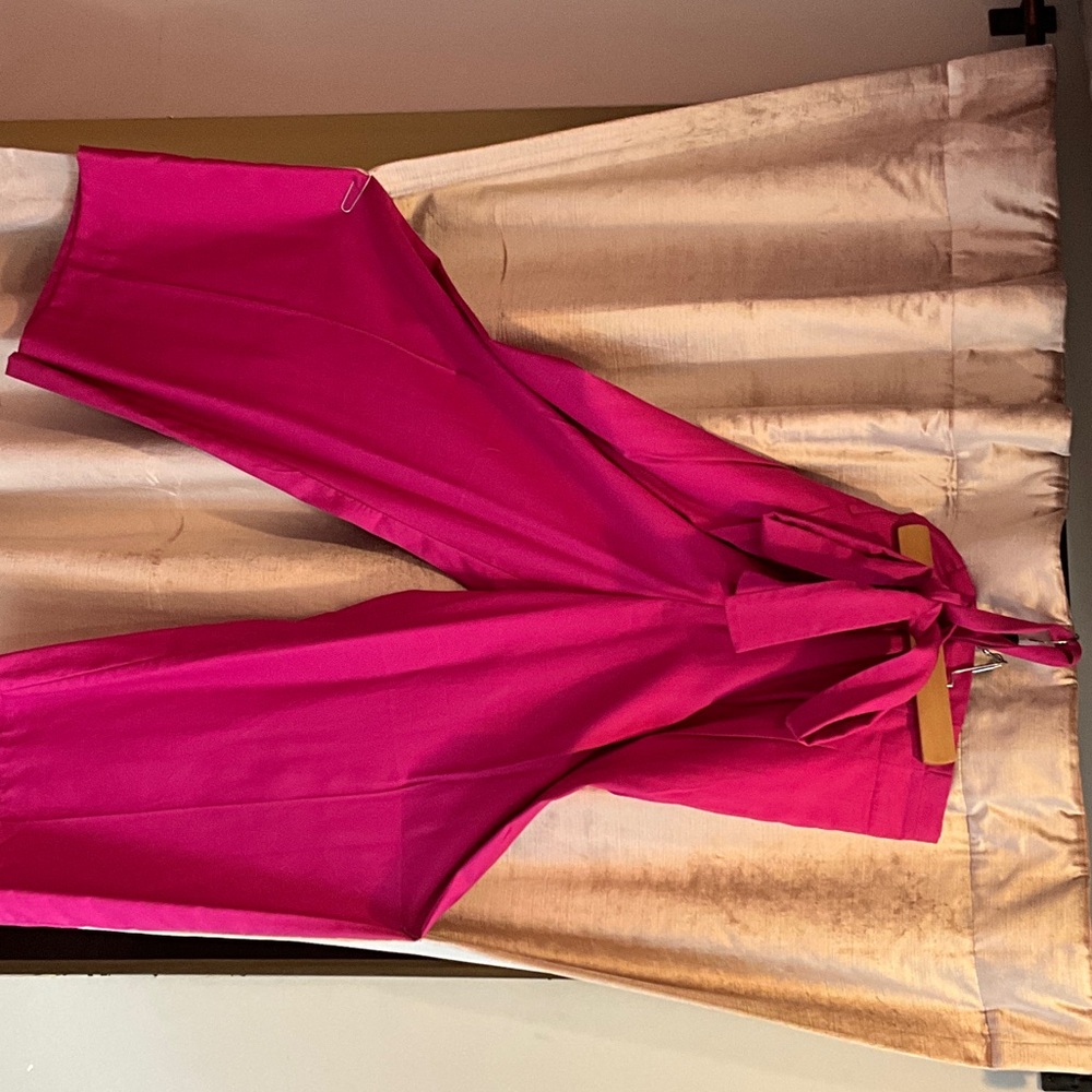 Elegant Pink Women's wide leg pants, shiny texture, with matching shiny belt